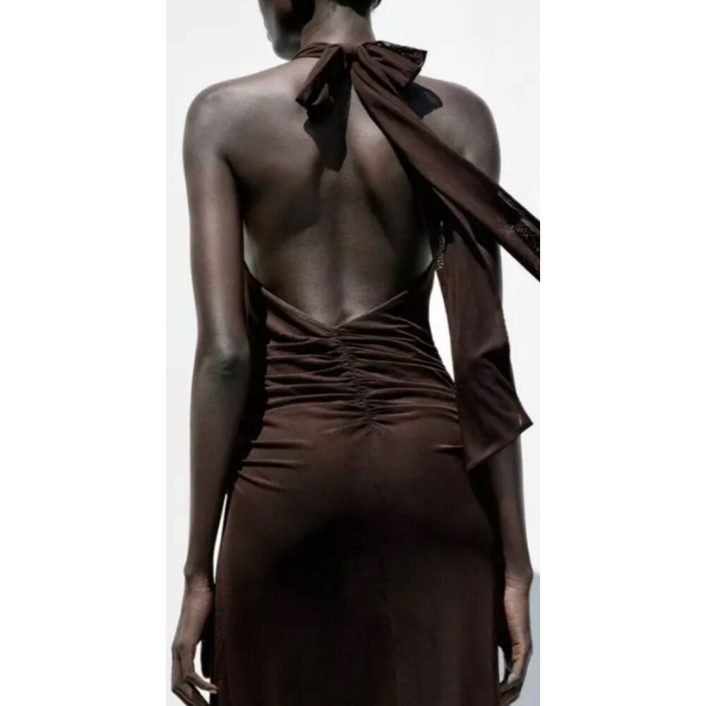Zara Brown Draped Halter Midi Dress Low Back Size Medium NWT